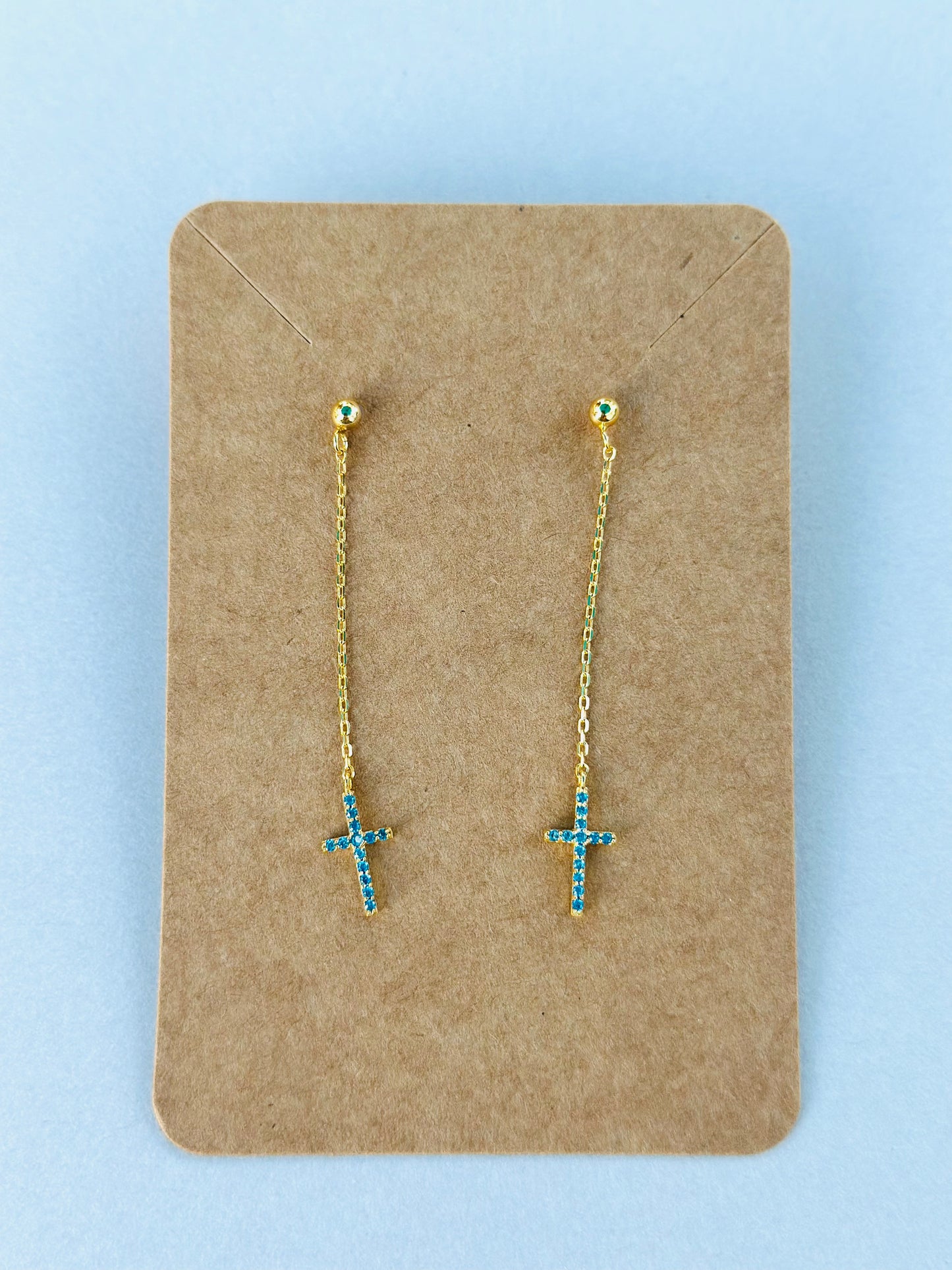 Sterling Silver Base: Blue Dangle Cross Earrings