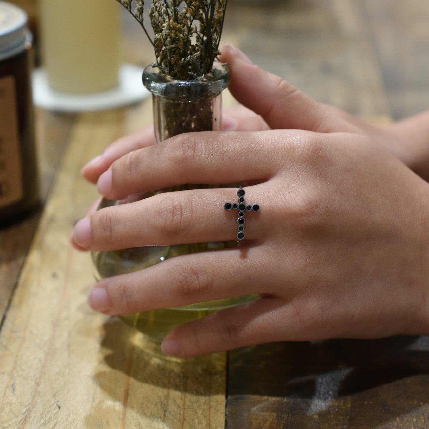 Sterling Silver Black Stone Cross Ring