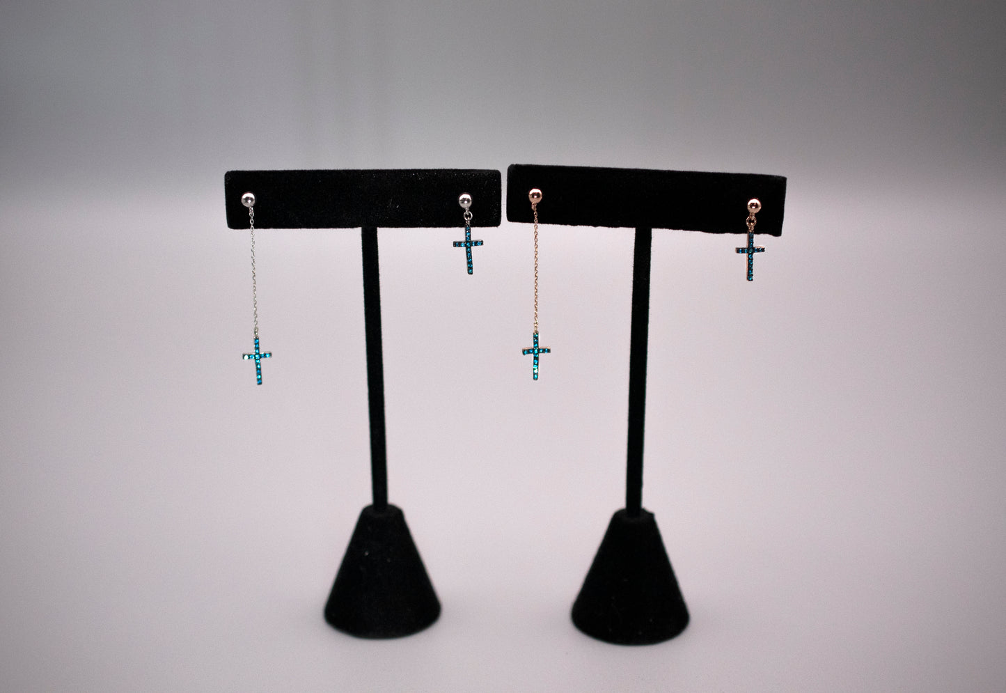 Sterling Silver Base: Blue Dangle Cross  Earrings