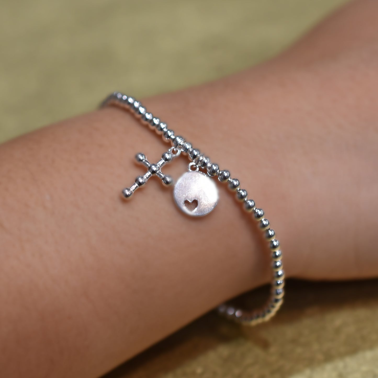 Sterling Silver Base: Petite Heart Disc Cross Bracelet