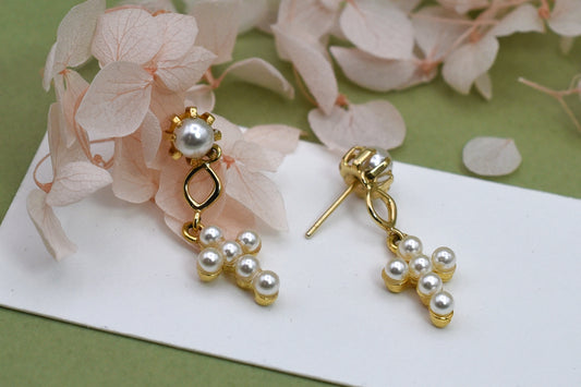 Golden Pearl Cross Earrings