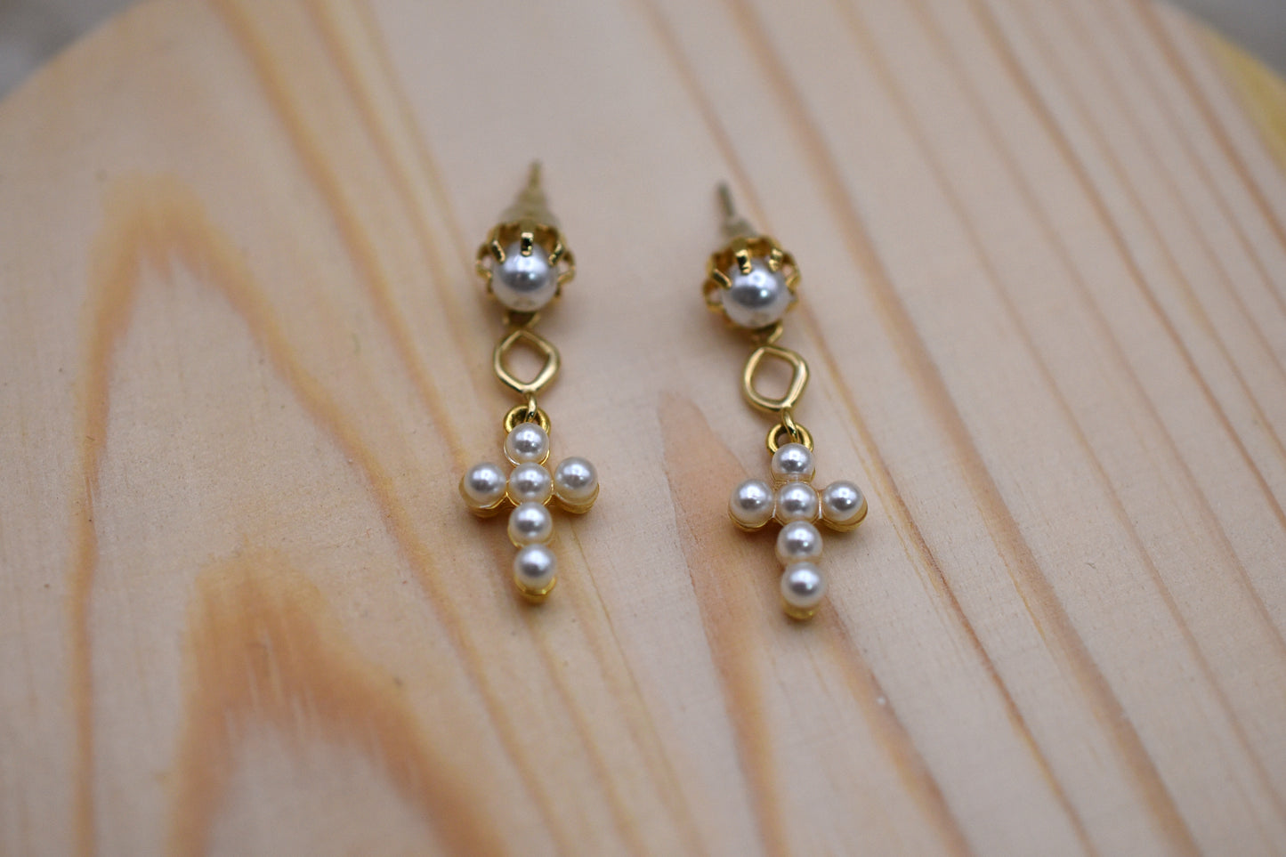 Golden Pearl Cross Earrings