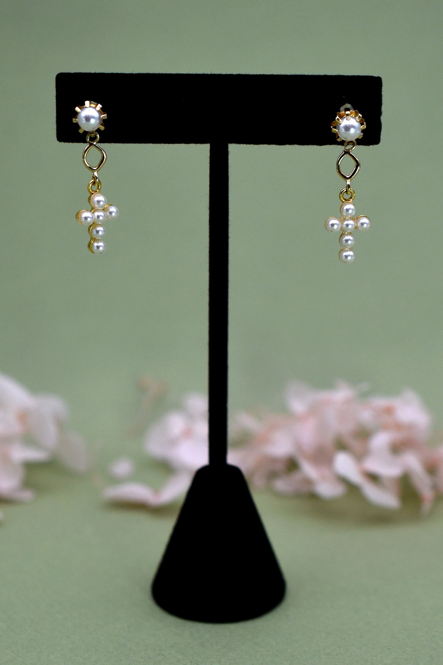 Golden Pearl Cross Earrings