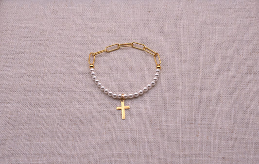 925 Silver: Pearl and Link Chain Tied Cross Bracelet