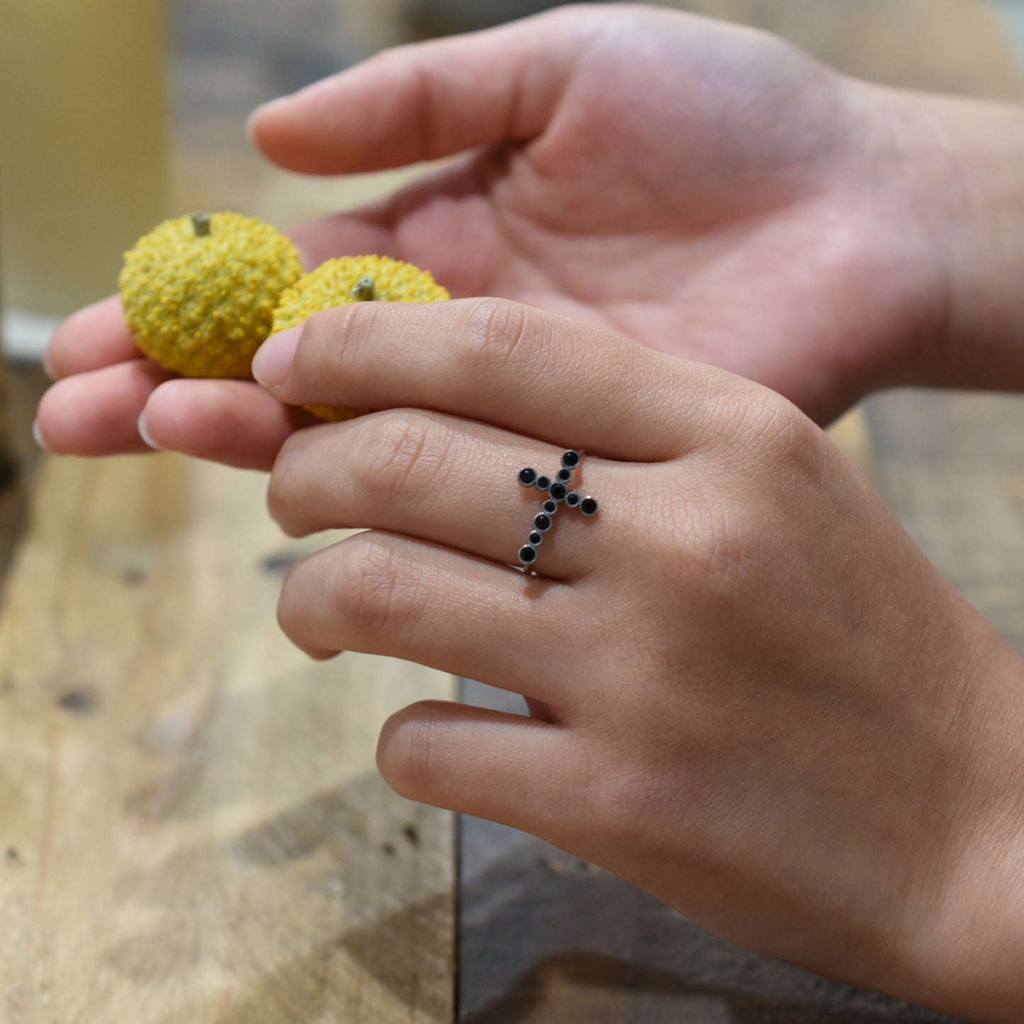 Sterling Silver Black Stone Cross Ring