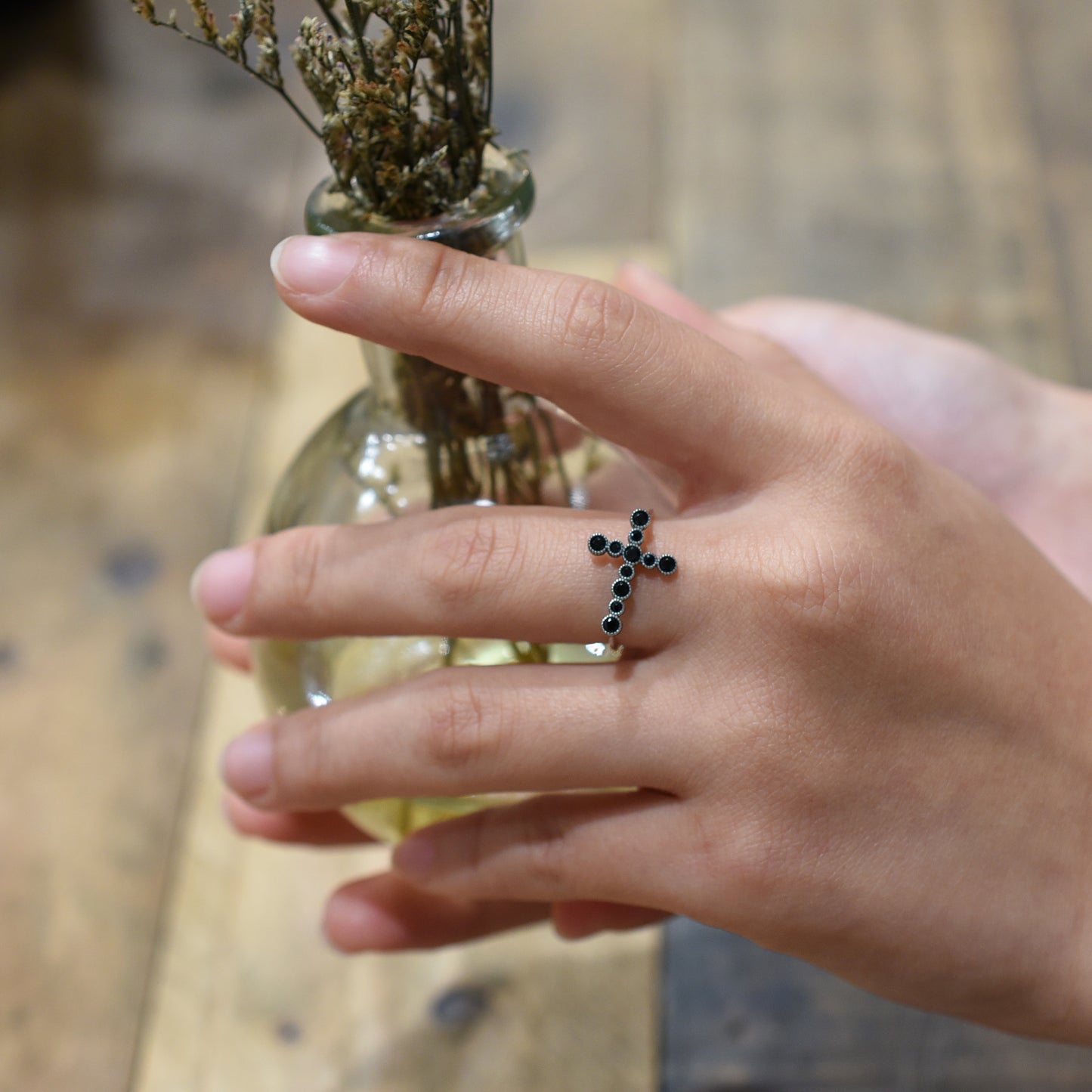 Sterling Silver Black Stone Cross Ring